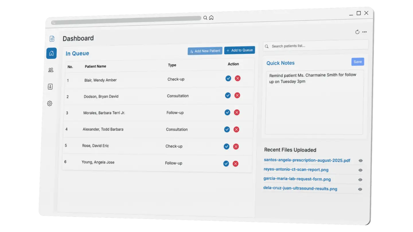 Screenshot of a patient management dashboard interface from an EMR system in the Philippines. The interface displays a patient queue under the heading "In Queue," with columns labeled "No.," "Patient Name," "Type," and "Action." The top row is highlighted and shows “Blair, Wendy Amber” as the first patient, scheduled for a “Check-up.” Following rows include patients: Bryan David Dodson for Consultation, Barbara Terri Jr. Morales for Follow-up, and Todd Barbara Alexander also for Consultation. The "Action" column includes a blue checkmark button and a red cancel button for each row. The left sidebar contains icons for home, people, clipboard, and settings. The top-right features blue buttons labeled “Add New Patient” and “Add to Queue.” The visual represents a digital interface used to manage appointments and queue patients in a medical or dental office setting.