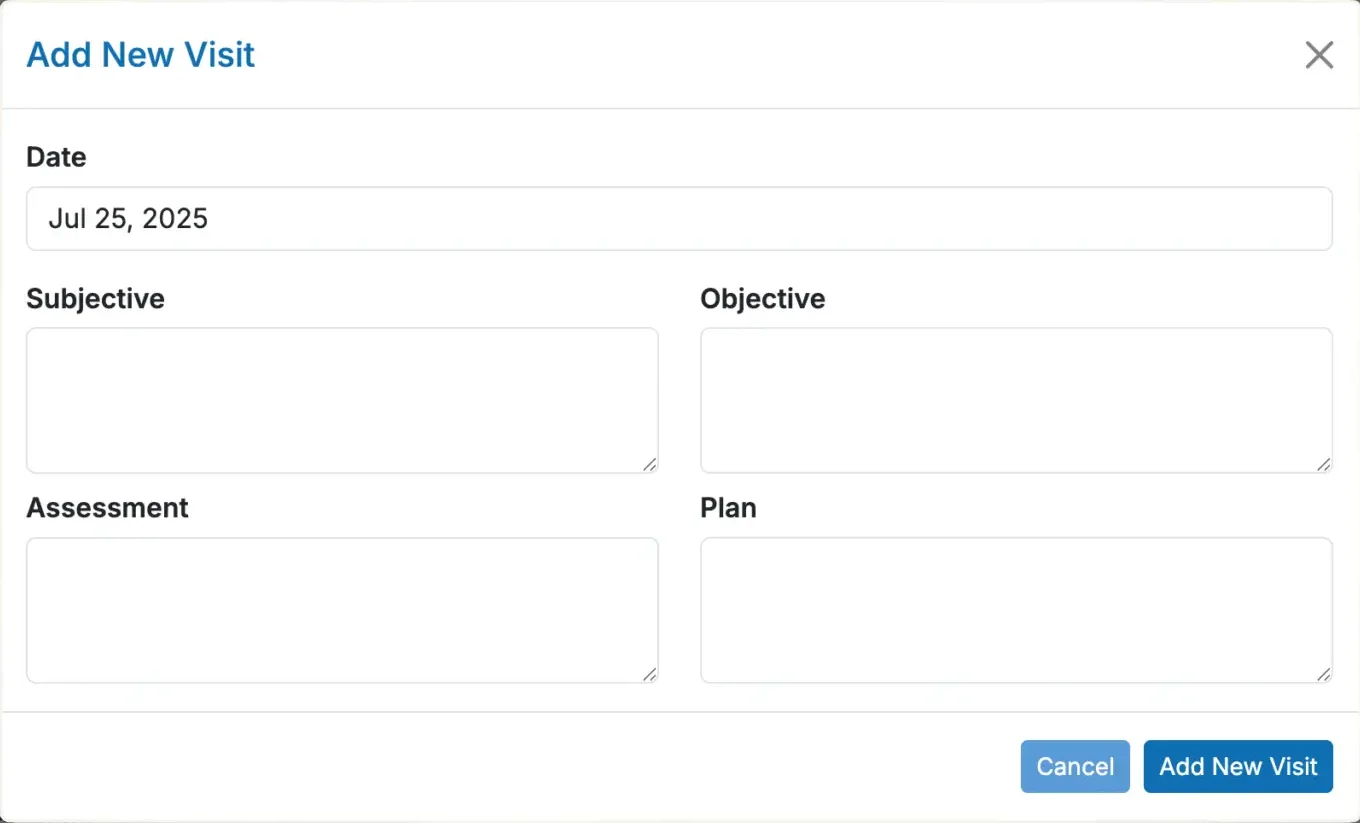 A screenshot of a modal window titled “Add New Visit” from a medical or health records software interface, likely part of a clinic management system. The modal allows a user to input visit details for a patient. At the top is a labeled Date field with the pre-filled value "Jul 25, 2025". Below, there are four large empty input text boxes, each with labels: Subjective, Objective, Assessment, and Plan, following the standard SOAP (Subjective, Objective, Assessment, Plan) clinical documentation format. The layout is clean, using light grey and white tones with black labels. At the bottom right, there are two rectangular buttons: a Cancel button in light grey with blue text, and a Add New Visit button in solid blue with white text. A close icon (X) is visible in the top-right corner of the modal. This screen suggests functionality for documenting medical evaluations digitally, supporting structured patient records.